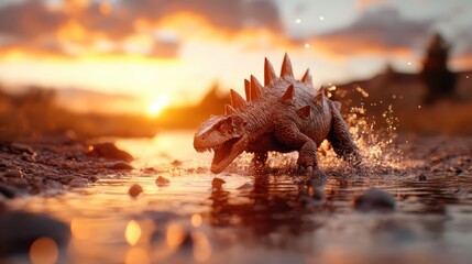 An energetic dinosaur rushes through a reflective river at sunset, causing water droplets to fly in...