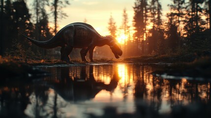 Silhouetted dinosaur at sunset, drinking from a forest stream, casting reflections on the water,...