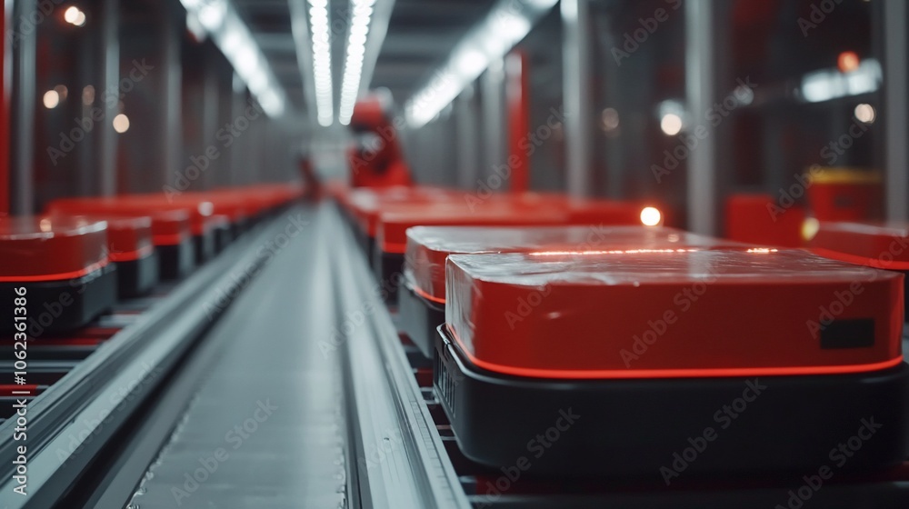 Poster red boxes moving on a conveyor belt in a factory.