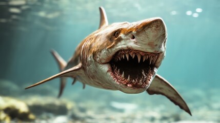 Naklejka premium A menacing shark swims in the crystal-clear ocean, its sharp teeth glinting beneath the water, capturing the essence of a marine predator in its natural habitat.
