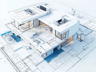 A detailed architectural blueprint of a modern, minimalist house featuring open spaces, large windows, and integrated pools, highlighting innovative design.