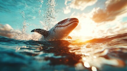 A fearless shark breaches dramatically from the ocean under the glowing sunset, silhouetting its dynamic form and fierce energy against the radiant sky, showcasing nature's power.