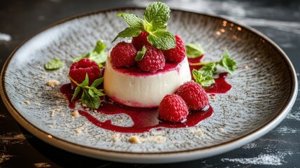 Italian panna cotta with fresh raspberries and mint, served on a dessert plate