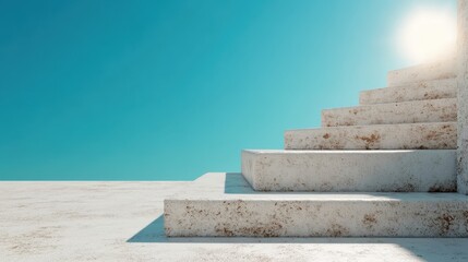 Concrete steps bathed in warm sunlight ascend into a clear sky, highlighting themes of aspiration and steady progress against the vibrant backdrop.