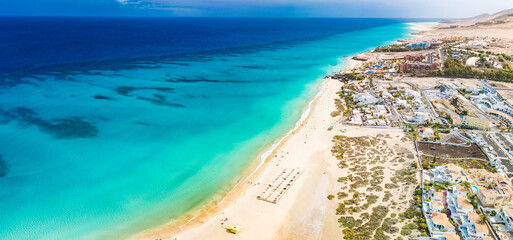 Aerial drone view of Costa Calma beach during the sunset,Fuerteventura, Canary Islands © Martin Valigursky