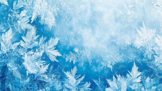 Frozen pattern on winter glass. Blue ice frost background, texture blue wallpaper. Crystals of snow on window surface. Screen overlay abstract design