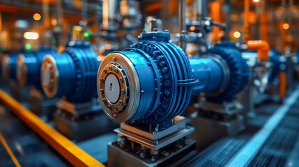 Close-up of a high-efficiency industrial pump in a modern factory setting, featuring precision engineering and advanced technology