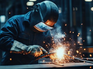 An engineer wearing protective gear inspects a welding robot amid sparks and smoke, highlighting automation in industrial manufacturing.