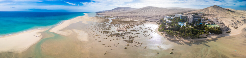 Fototapeta premium Aerial drone view of the beach of Sotavento, Fuerteventura, Canary Island, Spain