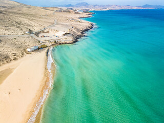 Aerial drone view of the beach of Sotavento, Fuerteventura, Canary Island, Spain