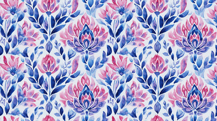 Watercolor ornate floral ethnic pattern in pink and blue hues ideal for invitations and fabric designs