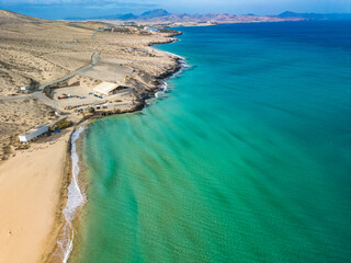 Aerial drone view of the beach of Sotavento, Fuerteventura, Canary Island, Spain