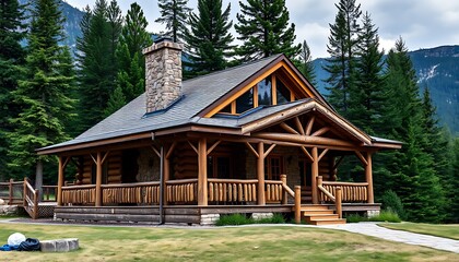 Naklejka premium A cozy log cabin wallpaper set in the mountains of Colorado, with a stone chimney, a wraparound porch, and surrounded by towering evergreens, evoking a sense of rustic tranquility.