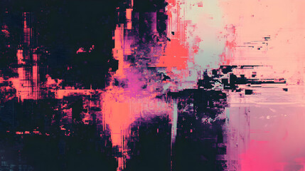 Abstract digital glitch art with bold pink and black tones, creating a striking modern effect