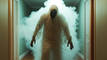 An ominous figure draped in white mist advances through narrow corridors, creating an atmosphere rife with mystery and suspenseful anticipation of danger.