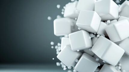 An abstract 3D rendering showcases a cluster of white cubes with small sugar-like grains scattered around, evoking thoughts of balance and modern art.