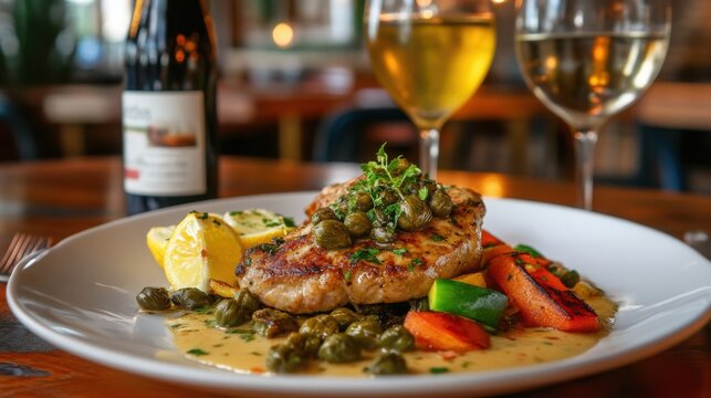 Italian veal piccata with lemon butter sauce and capers, served with a side of vegetables