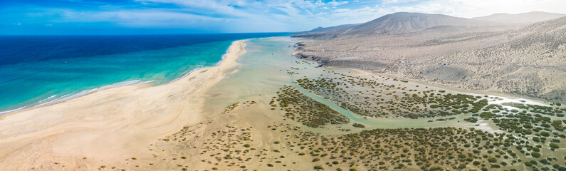 Aerial drone view of the beach of Sotavento, Fuerteventura, Canary Island, Spain