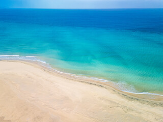 Aerial drone view of the beach of Sotavento, Fuerteventura, Canary Island, Spain