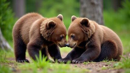 Obraz premium A delightful image of two grizzly bear cubs interacting on the forest floor, showcasing their intricate surroundings.
