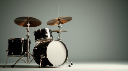 A classic black drum kit stands elegantly in a tastefully softly lit neutral-toned studio space, exuding an aura of sophistication and timeless musical charm.