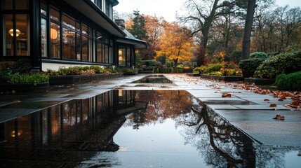 A beautifully landscaped path with freshly fallen leaves winds elegantly beside a modern building, capturing the essence of autumnal charm and architectural harmony.