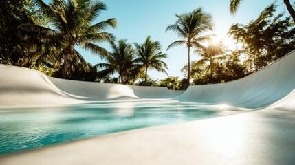 A pristine turquoise pool, framed by lush tropical palms bathed in warm sunlight, creating an oasis of relaxation, leisure, and luxurious indulgence.