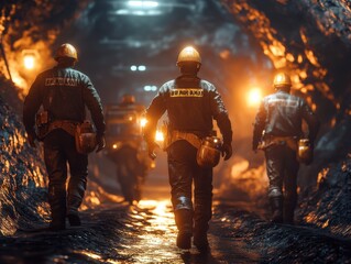 A group of miners wearing helmets and gear walk through an illuminated underground coal mine tunnel.