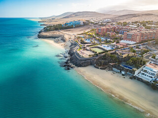 Aerial drone view of Costa Calma beach during the sunset,Fuerteventura, Canary Islands
