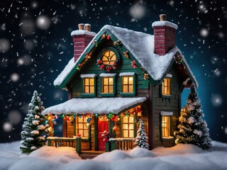 Naklejka premium A beautifully crafted miniature Christmas house, adorned with colorful decorations, snow-covered roof, and twinkling lights, exuding holiday charm and warmth