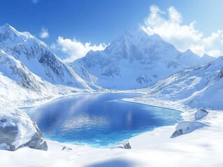 A serene icy blue landscape features a tranquil lake surrounded by majestic snow-capped mountains under a clear blue sky. The scene is cinematic and peaceful.