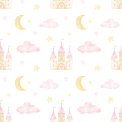 Castle, moon, clouds, star. Watercolor seamless pattern on white background in pastel colors. Cute girly illustration for textiles and wrapping paper