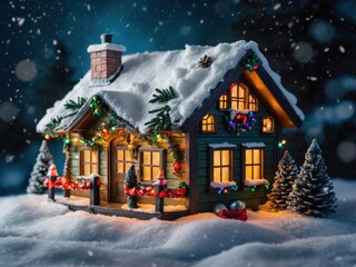 Fototapeta premium A delightful miniature Christmas house, intricately designed with festive ornaments, a snowy roof, and glowing lights, capturing the essence of holiday cheer