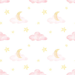 moon, clouds, stars. Watercolor seamless pattern on white background in pastel colors. Cute girly illustration for textiles and wrapping paper