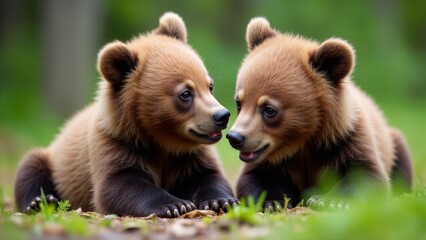 Fototapeta premium Two grizzly cubs wrestling on the forest floor, their joyful expressions reflecting the innocence of youth.