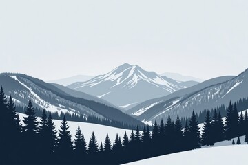 Minimalistic winter mountain landscape with evergreen trees