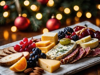 A festive Christmas table spread featuring an assortment of delicious foods, including cured meats, aged cheese, and fresh fruits, creating a warm holiday feast