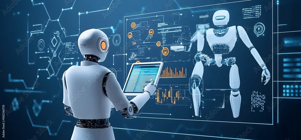 Aufkleber Robot analyzing data on a digital screen.