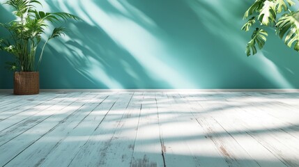 The image shows a teal colored wall with sunlight casting intricate shadows of nearby plants, creating a serene and tranquil atmosphere in the room.