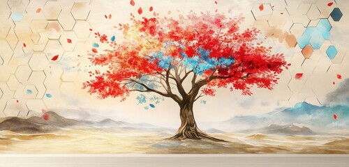 A 3D tree mural with bright red and pastel blue leaves, surrounded by watercolor accents, set against a sandy beige landscape with a geometric hexagonal backdrop.