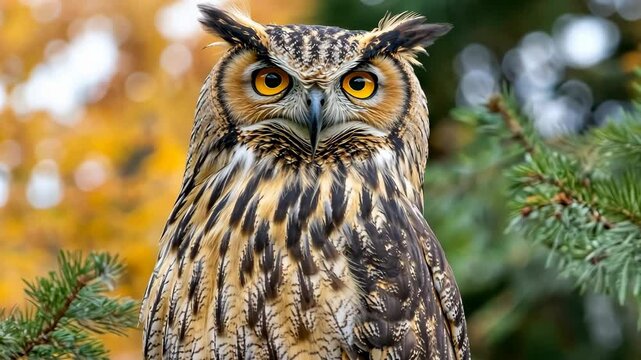 An owl perches on a branch in a forest during the fall