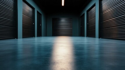 A sleek, dimly lit hallway with closed storage room doors, presenting a modern and organized environment with an industrial touch and symmetry.