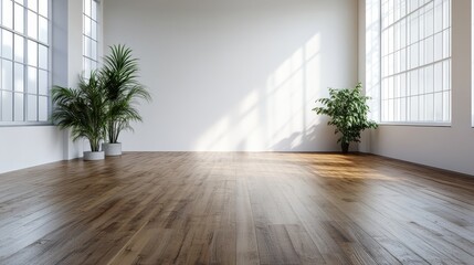 A bright, empty room with large windows, potted plants, and wooden flooring, capturing a serene and natural atmosphere with emphasis on simplicity and relaxation.