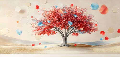 A 3D tree mural with bright red and pastel blue leaves, surrounded by watercolor accents, set against a sandy beige landscape with a geometric hexagonal backdrop.