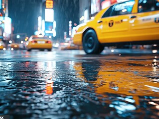 A cinematic view of a rainy city street at night, with yellow taxis reflecting off the wet pavement...