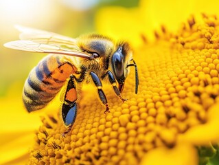 A detailed close-up of a striped bee collecting pollen from a vibrant yellow flower, showcasing its intricate features and natural beauty.