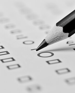 Close-up of pencil marking multiple-choice exam answers.