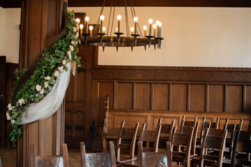 vintage, wooden, chairs, floral, interior, decorative, traditional, cozy, warm, historic, design, detail, event, seating, arrangement, soft light, elegance, classic, timeless