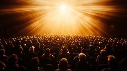 Obraz premium Spotlight Beaming Down from the Ceiling, Casting a Golden Glow Over the Rows of Attendees in a Packed Conference Hall 