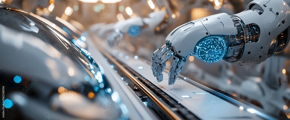 Aufkleber robotic arms on an assembly line working on a car production.